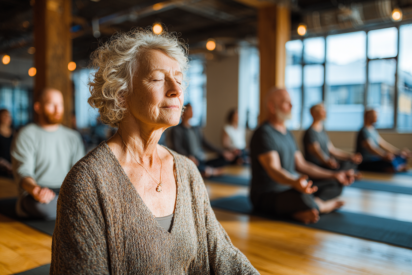 Seniori practicând yoga cu tehnologie digitală