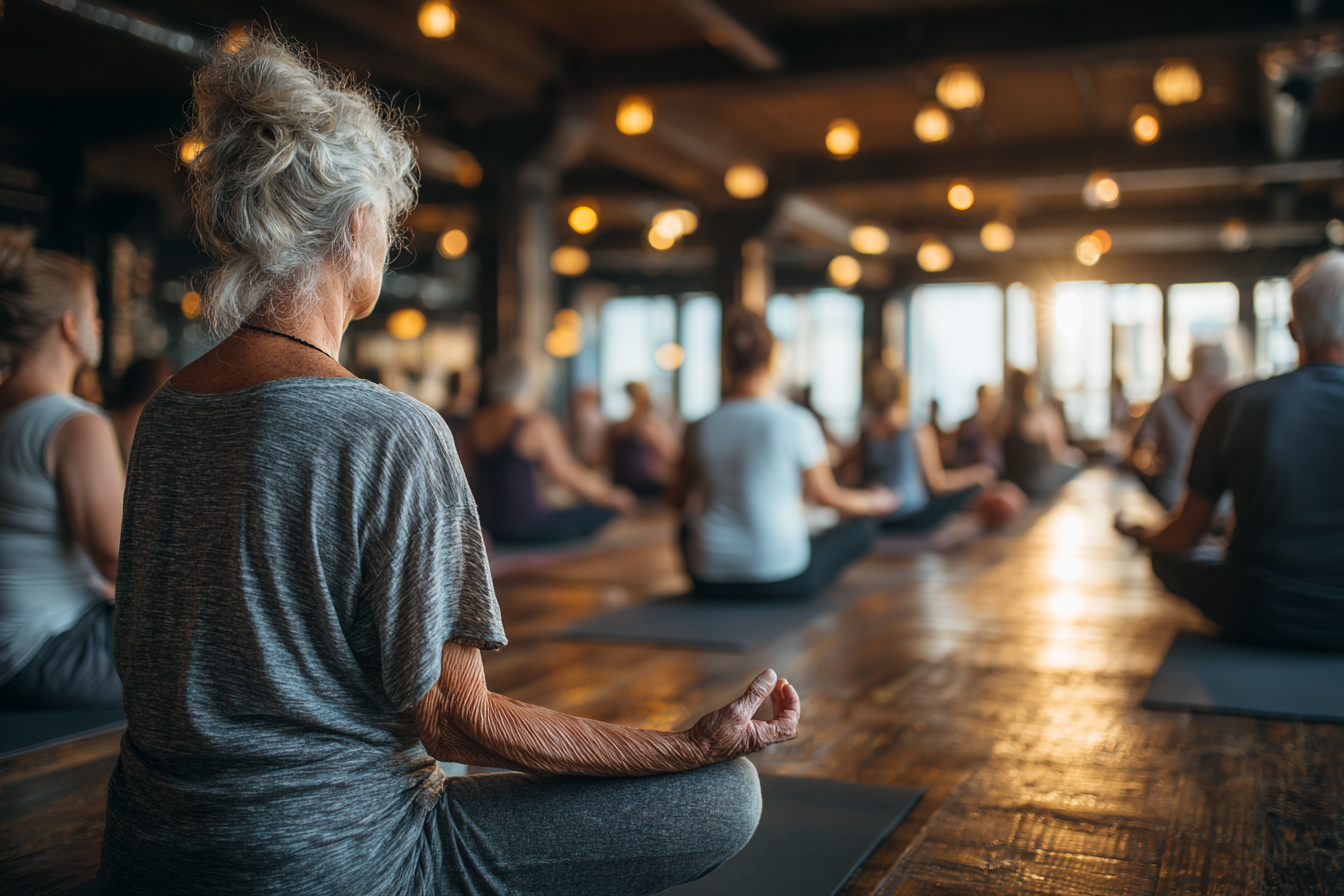 Grup de seniori fericiți după sesiunea de yoga digitală